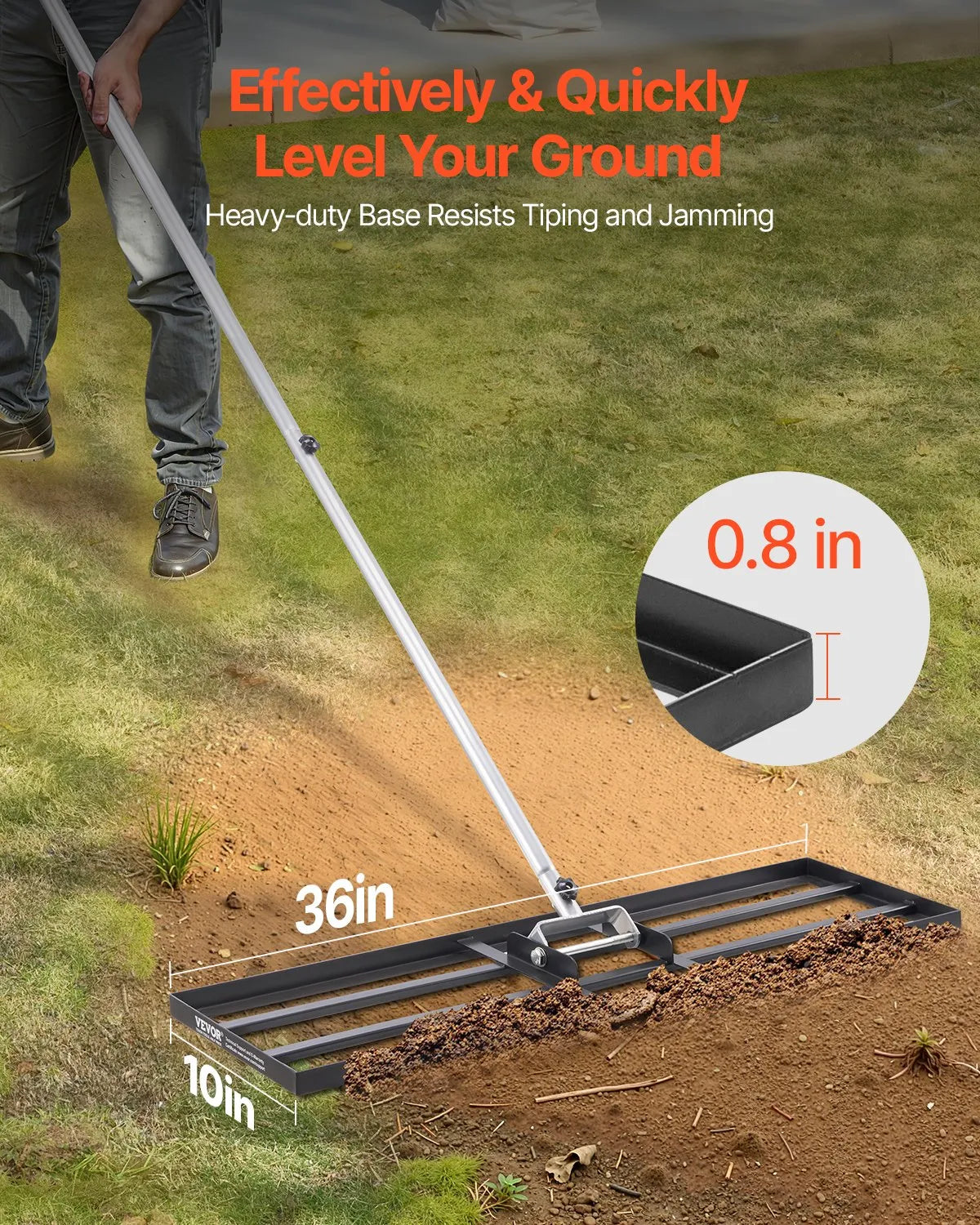 VEVOR 10x36in Lawn Leveling Rake 83.9 in Adjustable Handle for Yard Golf Court
