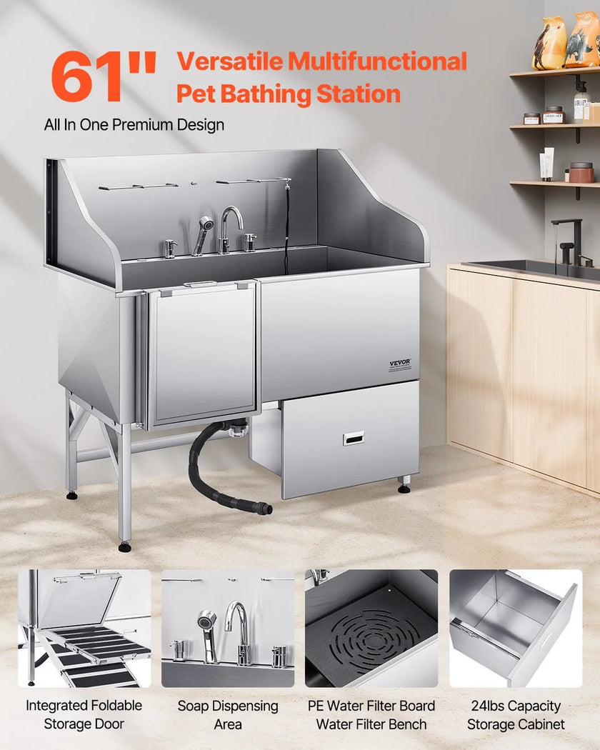 VEVOR 61 Inch Dog Grooming Bath Tub Stainless Steel w Ramp Water Filter Left