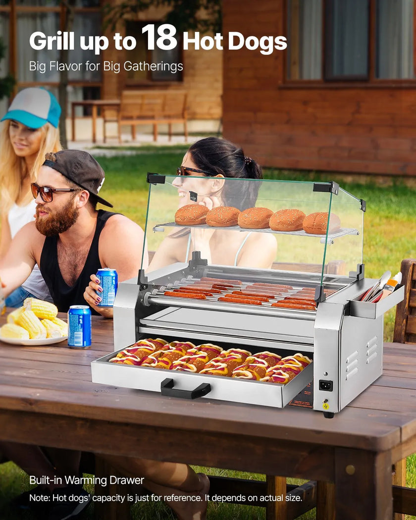 VEVOR 18 Hot Dog 7 Roller Electric Grill Cooker Machine Bun Warmer Cover 1200W