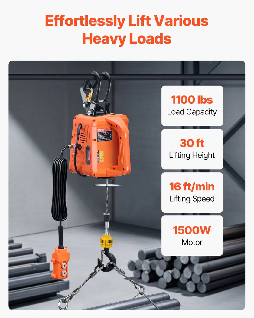 VEVOR 3-in-1 Portable Electric Hoist Winch 1100LBS Wired/Wireless Remote Control