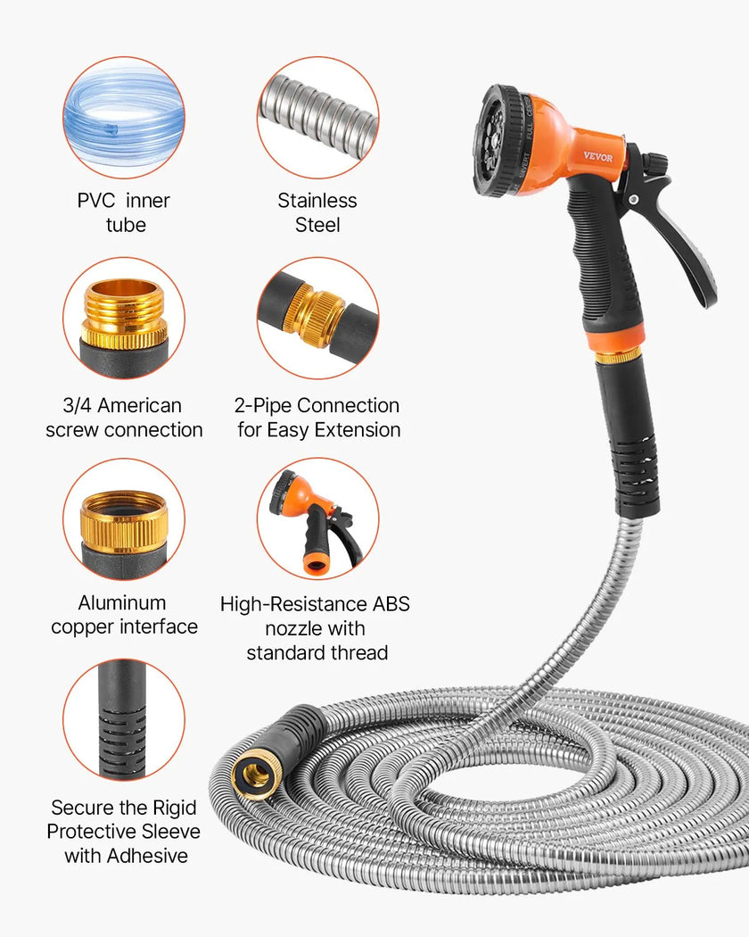 VEVOR 25ft Metal Garden Hose Stainless Steel Water Hose Lightweight No Kink