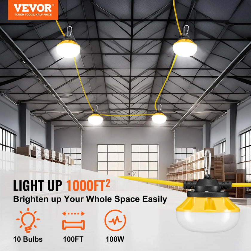 VEVOR 100FT Construction String Lights 100W 10000LM Connectable Waterproof
