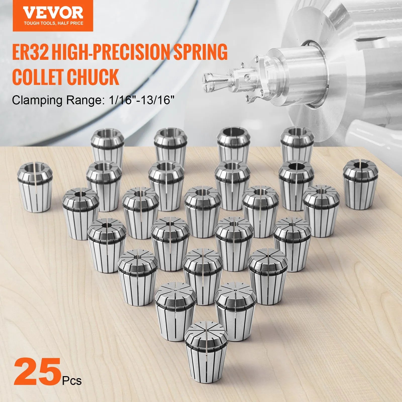 VEVOR 25 pcs ER32 Collet Set, 1/16''-13/16'', ER32 Spring Collet Chuck Set, 0.0006