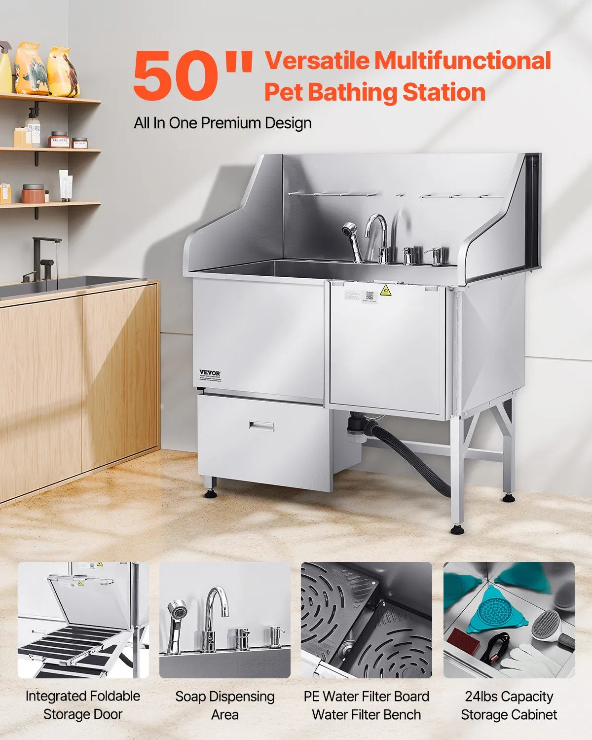 VEVOR 50 Inch Dog Grooming Bath Tub Stainless Steel w Ramp Faucet Showerhead