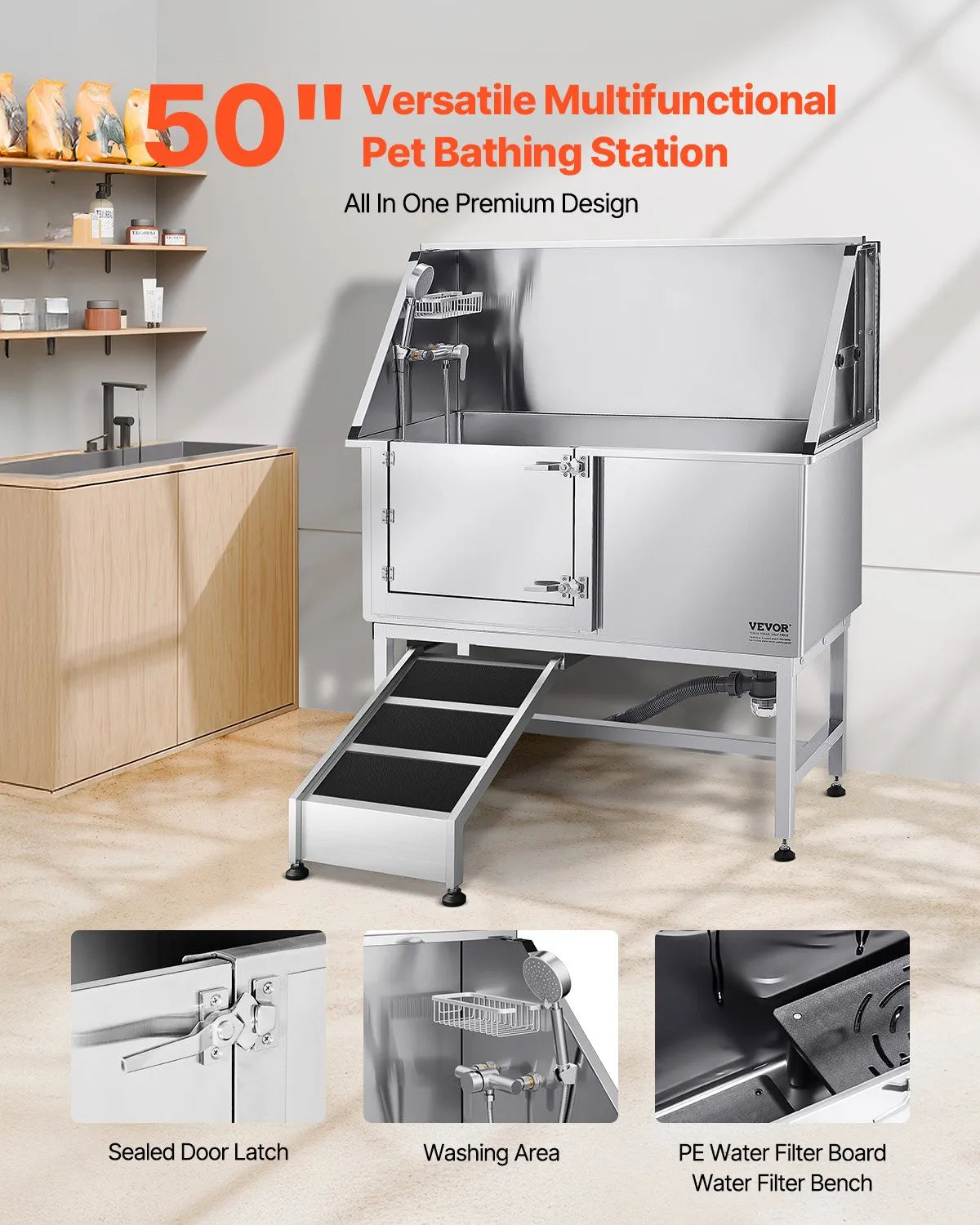 VEVOR 50 Inch Dog Grooming Bath Tub Stainless Steel w Ramp Water Filter Left
