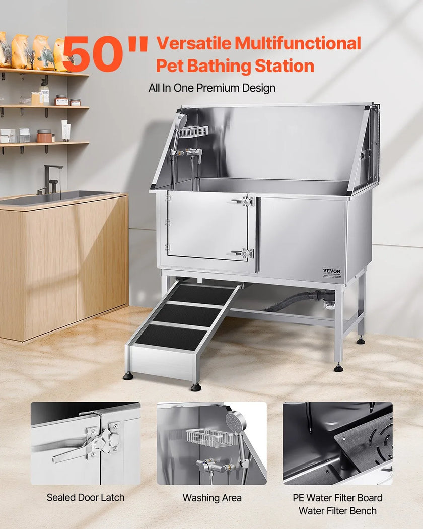VEVOR 50 Inch Dog Grooming Bath Tub Stainless Steel w Ramp Water Filter Left
