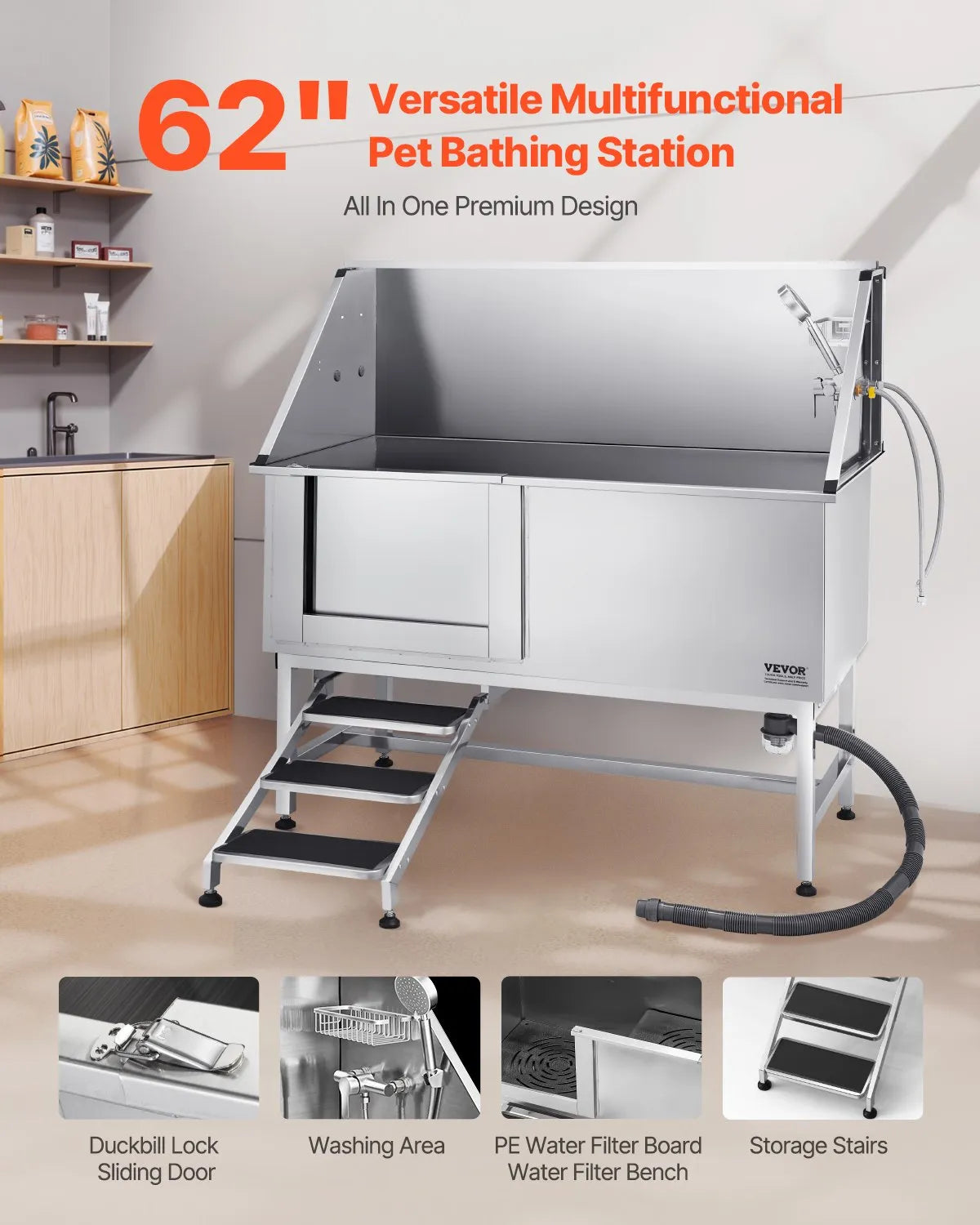 VEVOR 62 Inch Dog Grooming Bath Tub Stainless Steel w Stairs Water Filter Left