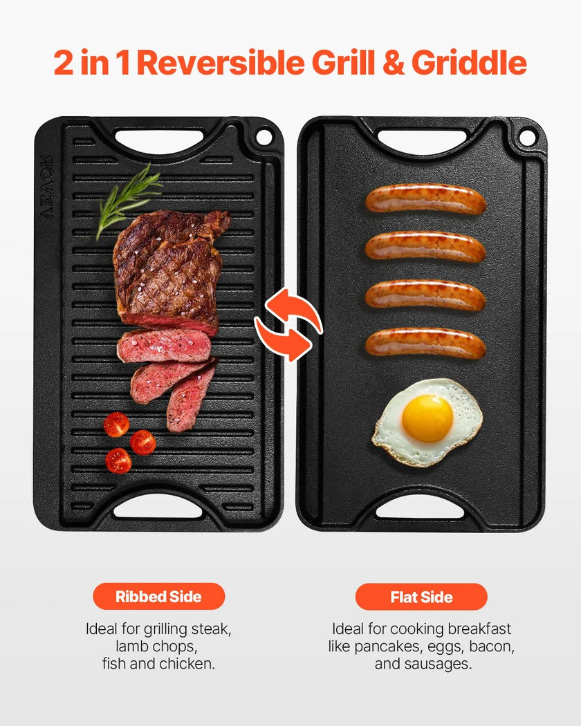 VEVOR 14x8.5 in Reversible Grill Griddle Pre-Seasoned BBQ Pan Cast Iron Black