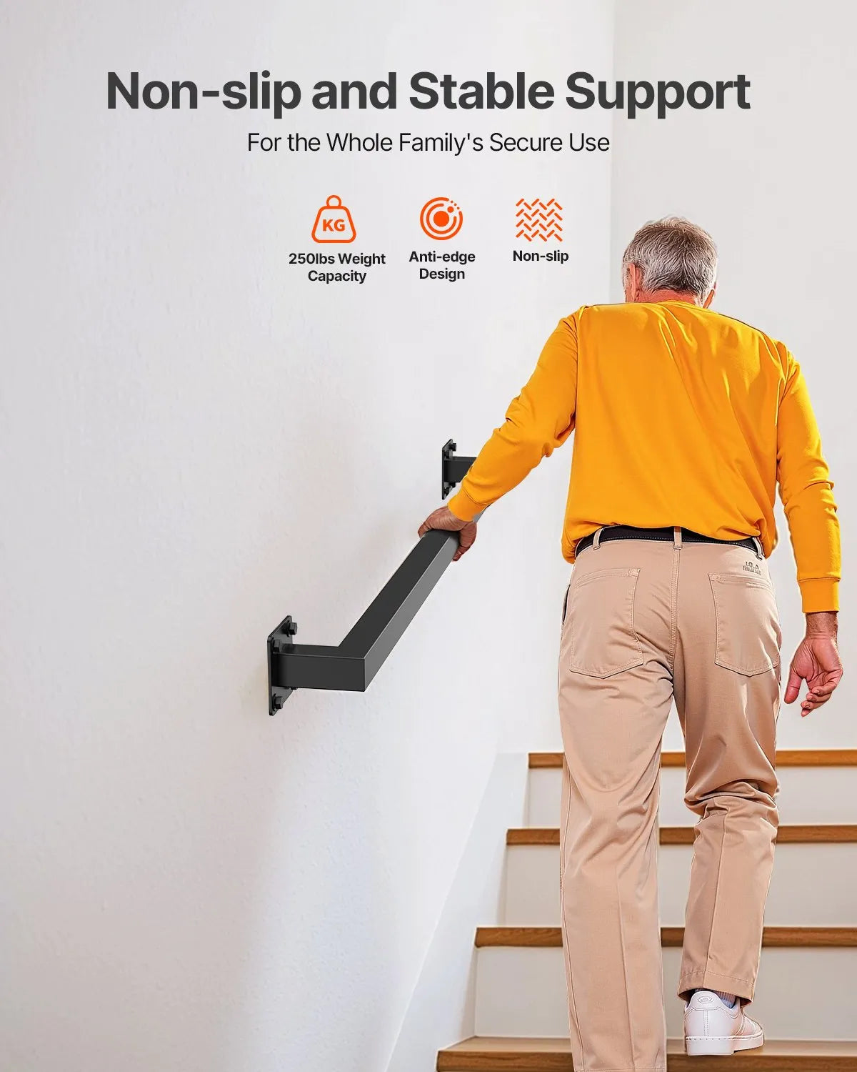 VEVOR 3ft Wall Mounted Stair Handrail Black Iron 250lbs Load Square Tube
