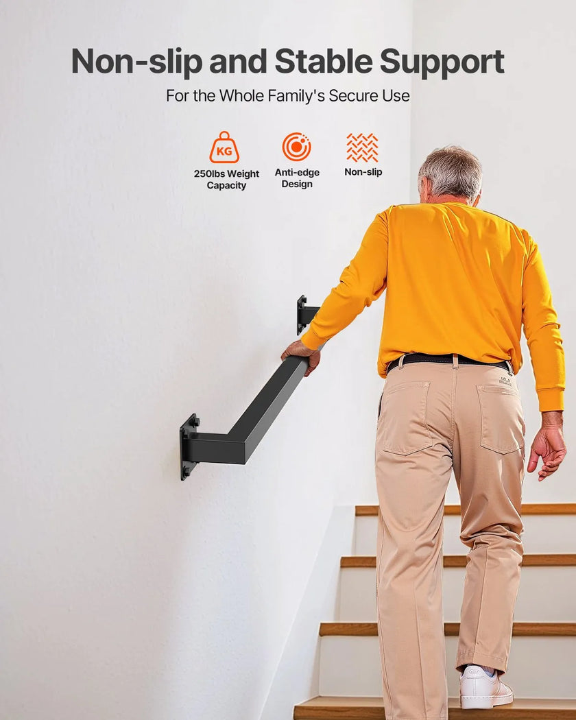 VEVOR 3ft Wall Mounted Stair Handrail Black Iron 250lbs Load Square Tube