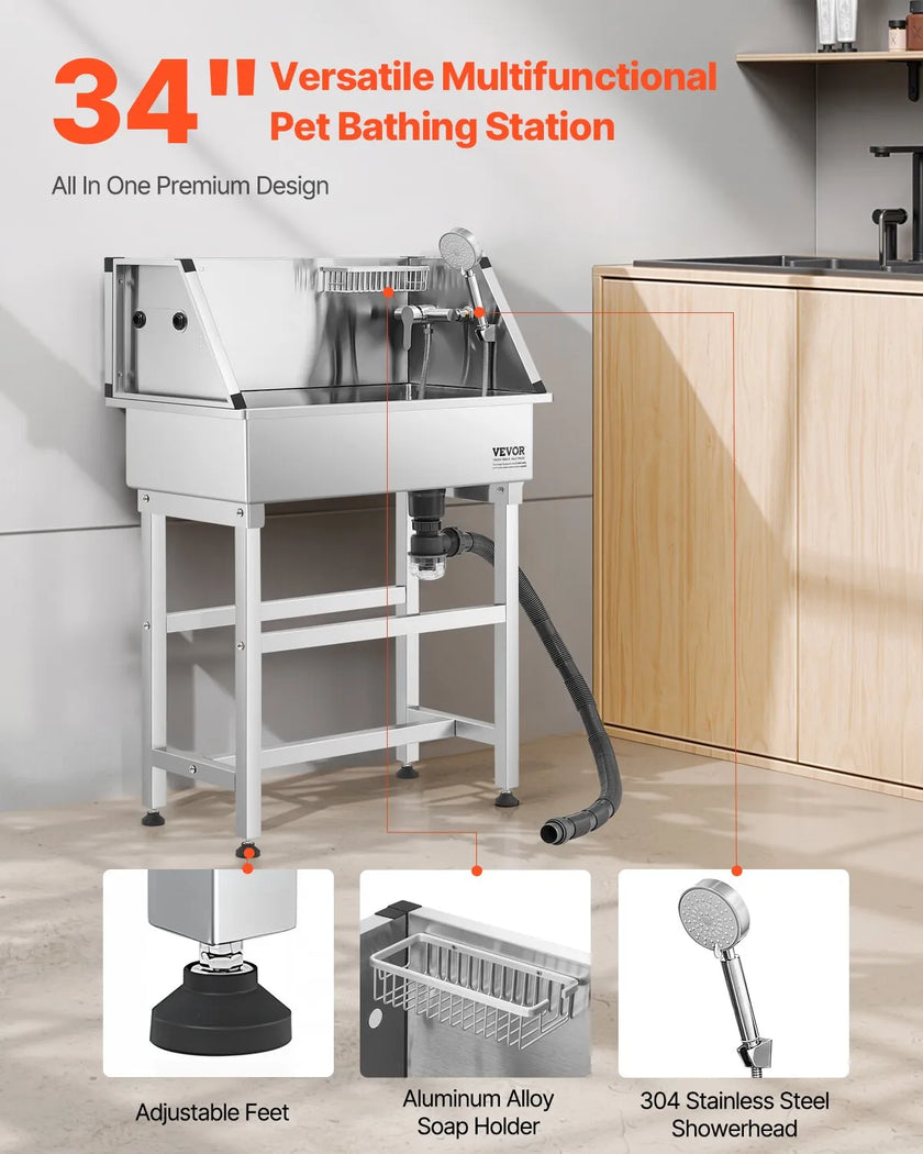 VEVOR 34 inch Dog Grooming Bath Tub Stainless Steel w Faucet for Pets