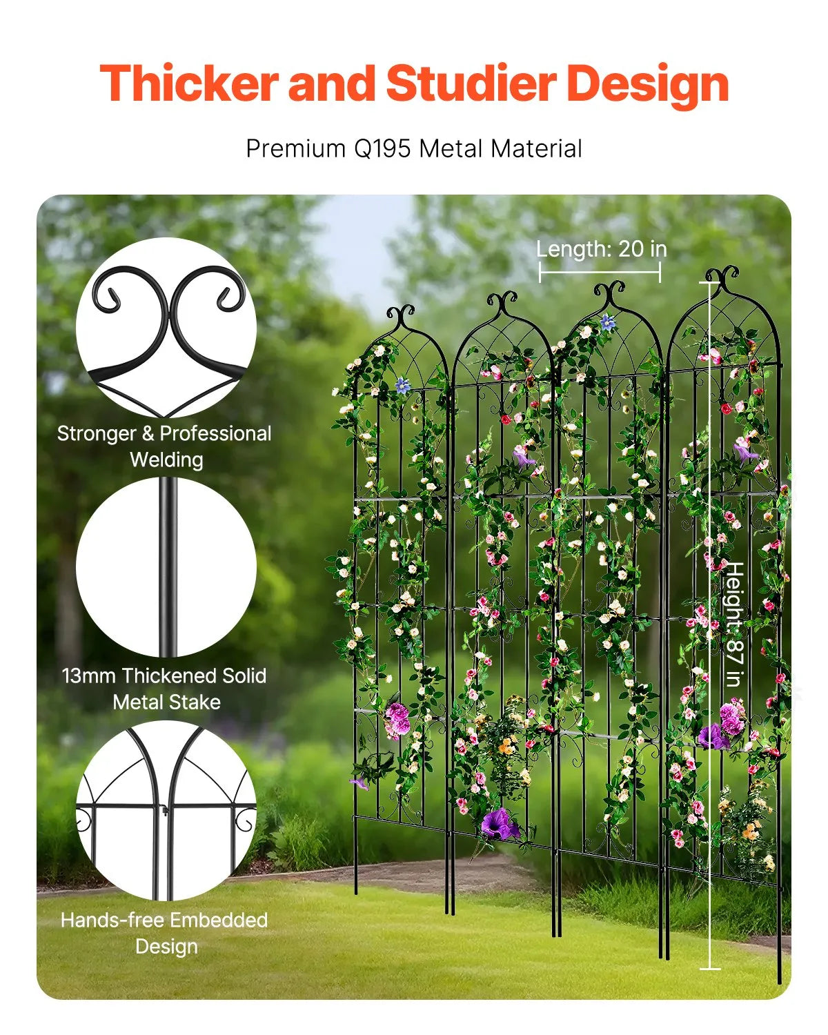VEVOR 4 Packs Metal Garden Trellis for Climbing Plant Support 87x20 in Rustproof