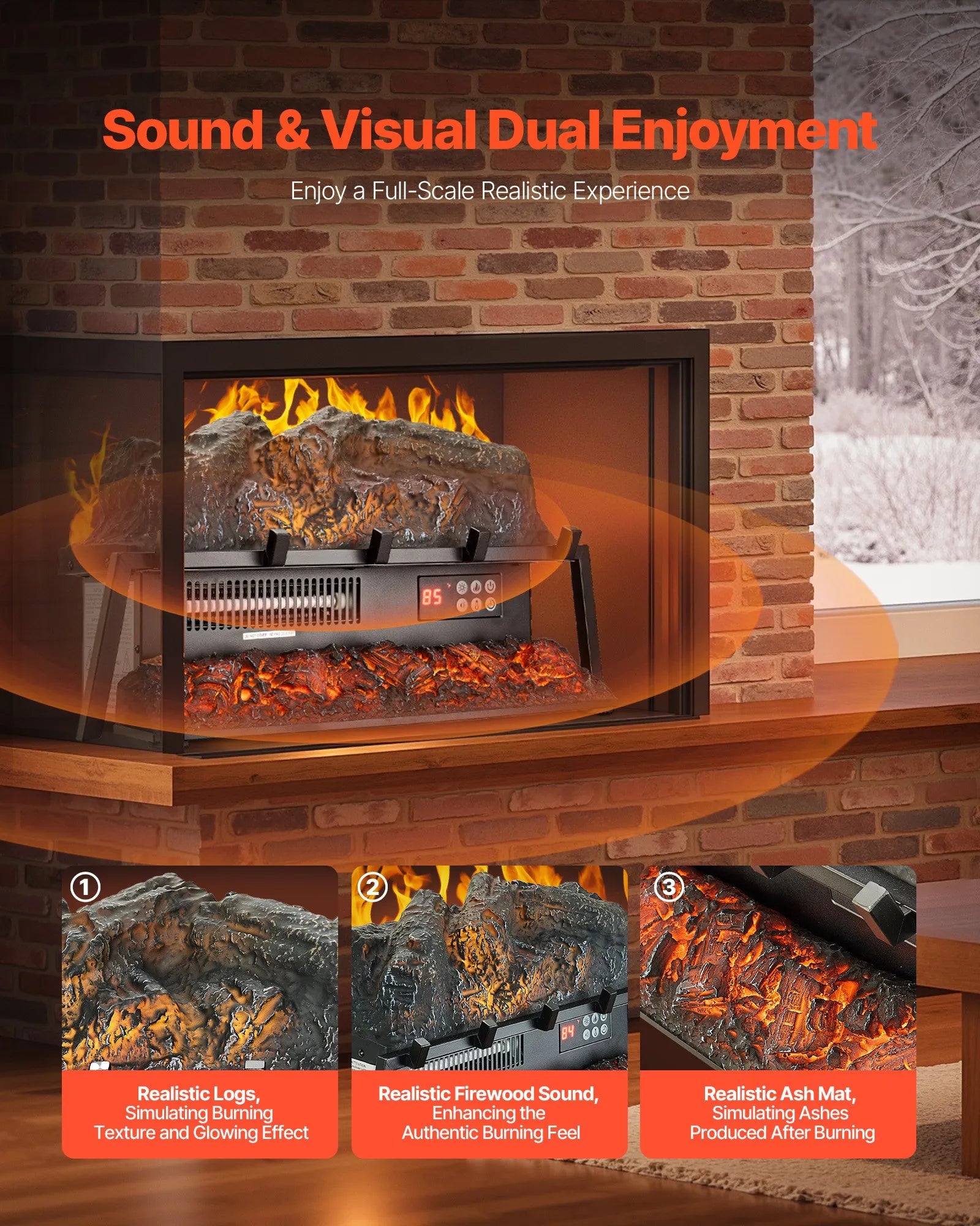 VEVOR 23 Inch Electric Fireplace Log Heater with Crackling Sound Timer Remote