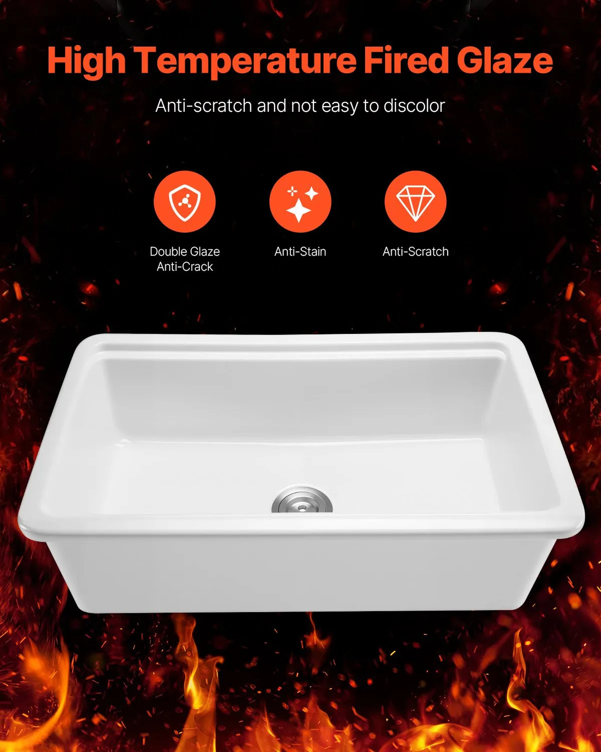 VEVOR 33in Farmhouse Sink Topmount Undermount Kitchen Single Bowl Basin Fireclay