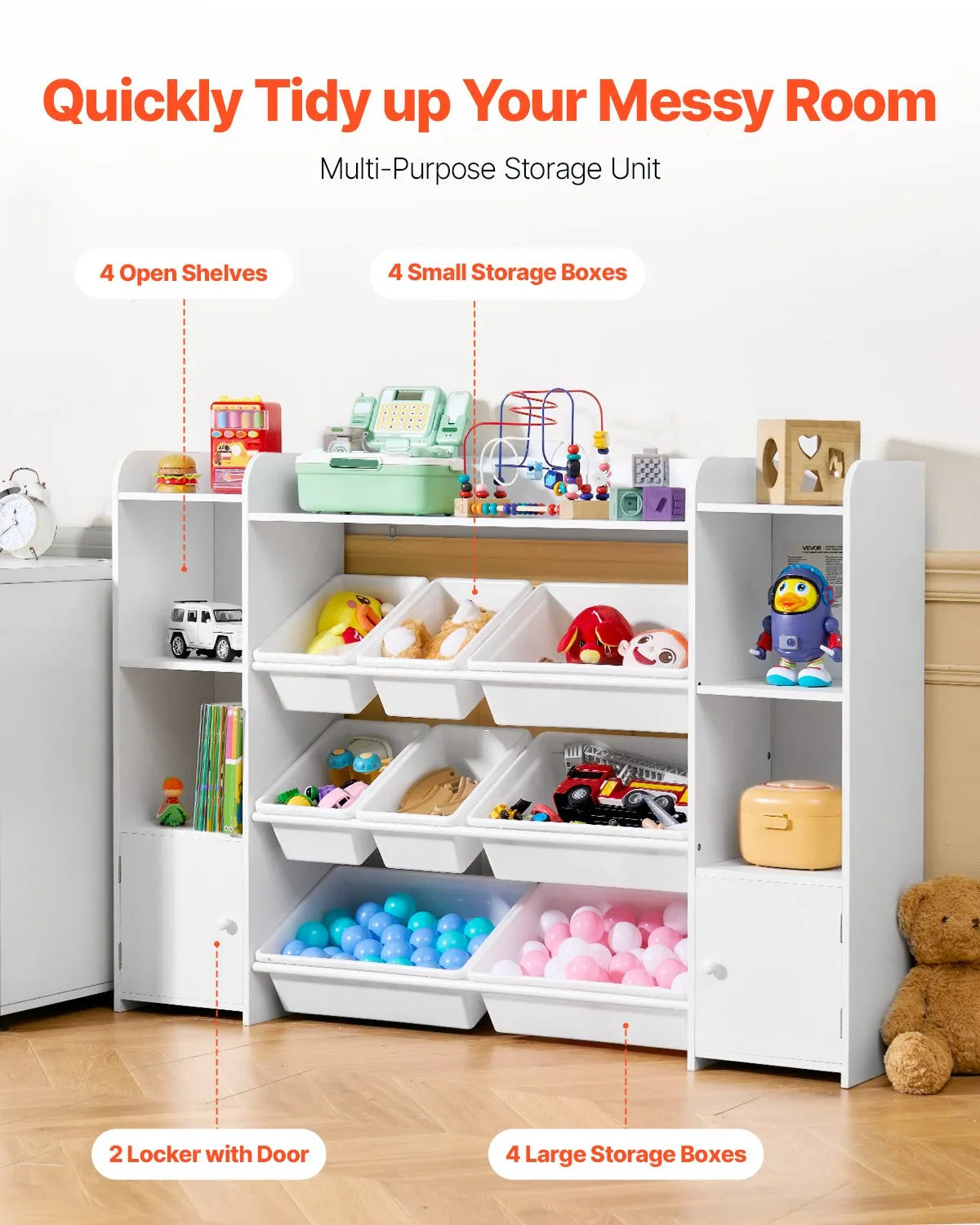 VEVOR 4-Tier Large Kids Toy Storage and Bookshelf with 8 Plastic Bins White