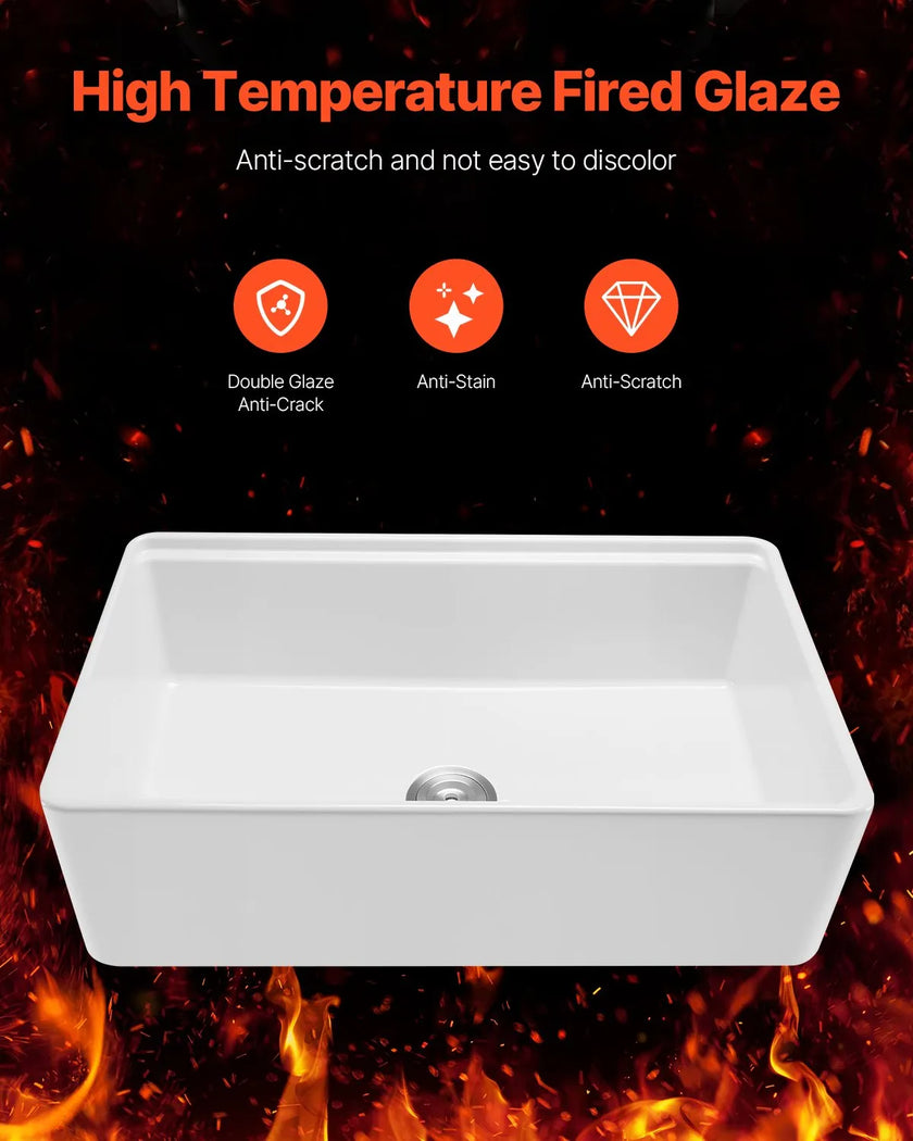VEVOR 32.5 in Farmhouse Sink Undermount Kitchen Single Bowl Basin Fireclay White