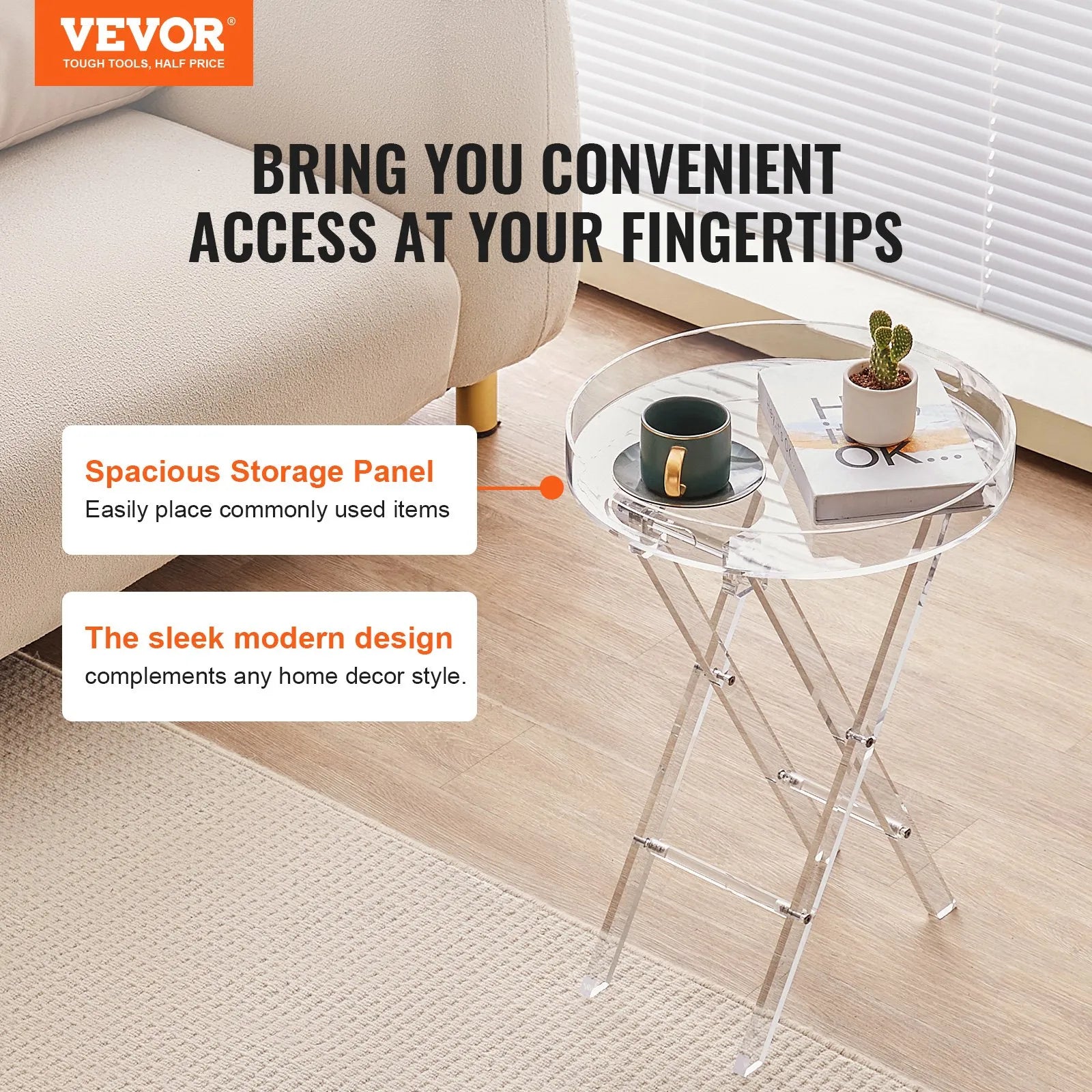 VEVOR Acrylic Folding Tray Table, Acrylic End Table with Folding X Leg, Clear Acrylic Side Table for Coffee, Drink, Food, Snack used in Living Room, Bedroom, and Study