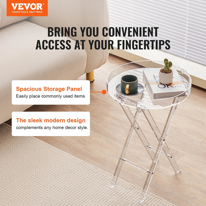 VEVOR Acrylic Folding Tray Table, Acrylic End Table with Folding X Leg, Clear Acrylic Side Table for Coffee, Drink, Food, Snack used in Living Room, Bedroom, and Study
