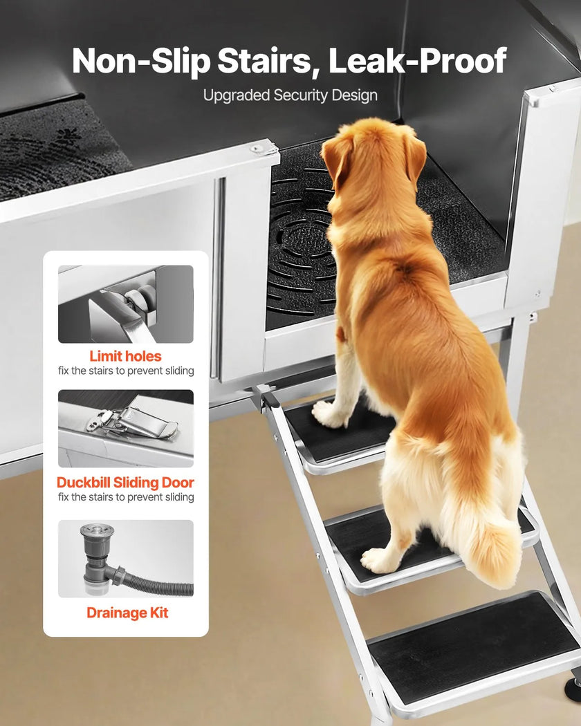 VEVOR 62 Inch Dog Grooming Bath Tub Stainless Steel w Stairs Water Filter