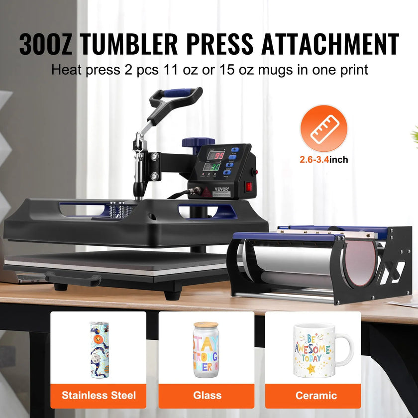 VEVOR 5 in 1 Heat Press Machine 15x15 in 30oz Tumbler Press T-Shirts Black+Blue