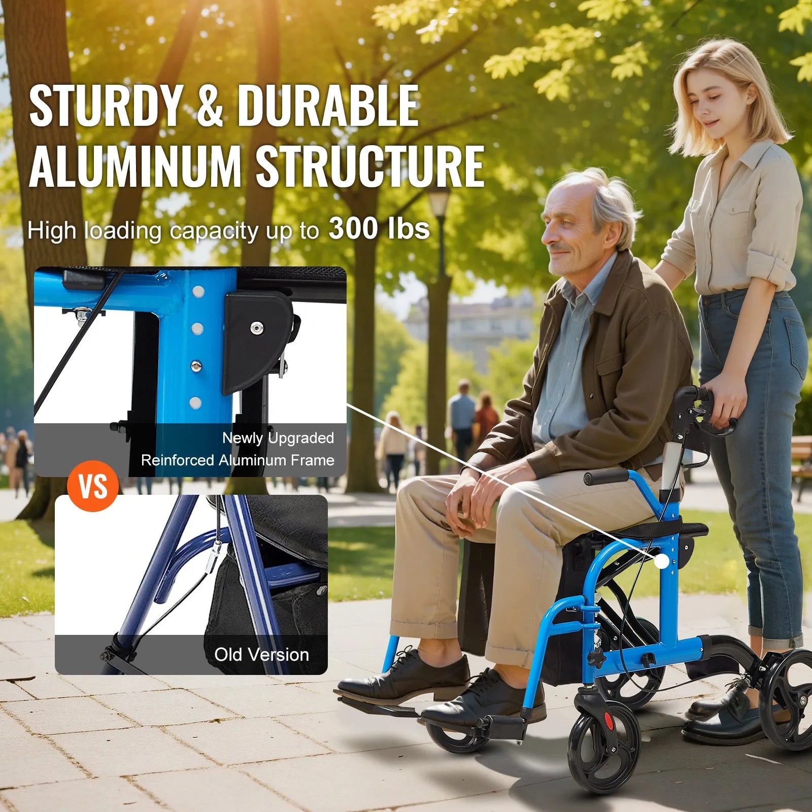 VEVOR 2 in 1 Rollator Walker & Transport Chair for Seniors, Folding Rolling Walker Wheelchair Combo & Footrests, Lightweight Aluminum Mobility Walker with Adjustable Handle, All Terrain Wheels, 300LBS