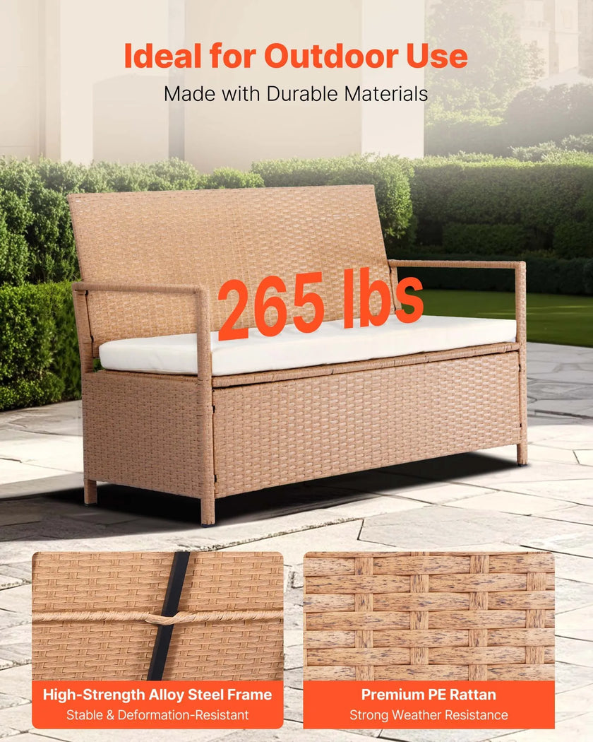 VEVOR Outdoor Storage Bench PE Rattan 70 Gal Deck Box Waterproof Outdoor Seat