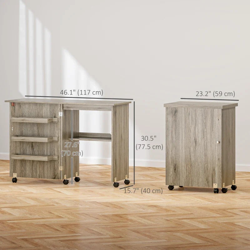 Sewing Machine Cabinet, Folding Sewing Table with Storage Shelf, Bins and Lockable Wheels for Small Space, Grey