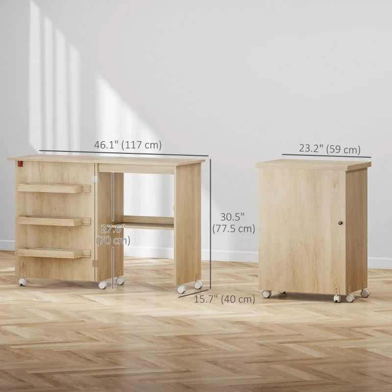 Sewing Machine Cabinet, Folding Sewing Table with Storage Shelf, Bins and Lockable Wheels for Small Space, Nature Wood