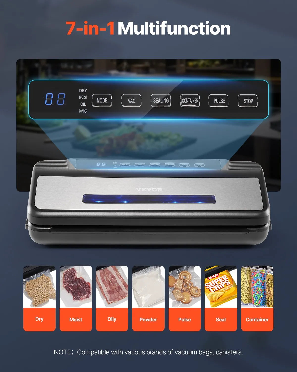VEVOR 7-in-1 Vacuum Sealer Machine Compact Automatic Food Saver 120W Bags & Roll