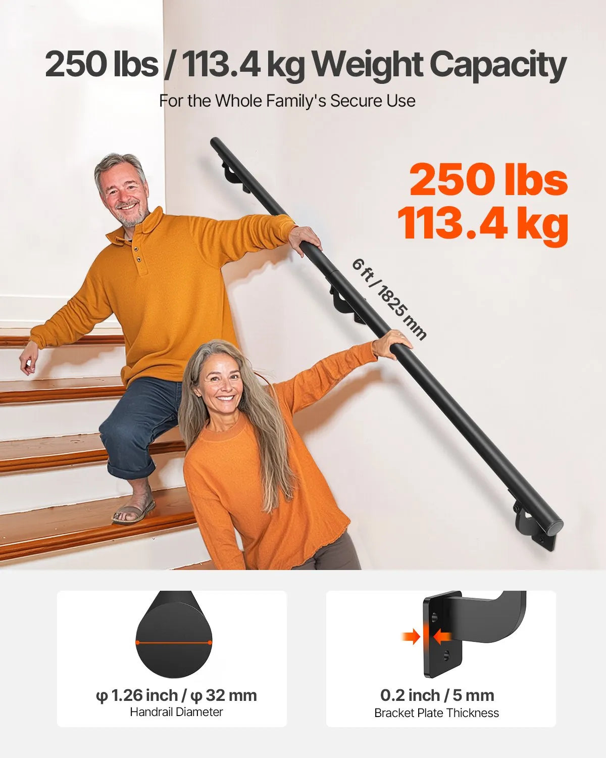 VEVOR 6ft Wall Mounted Stair Handrail Black Aluminum Indoor Outdoor Railing