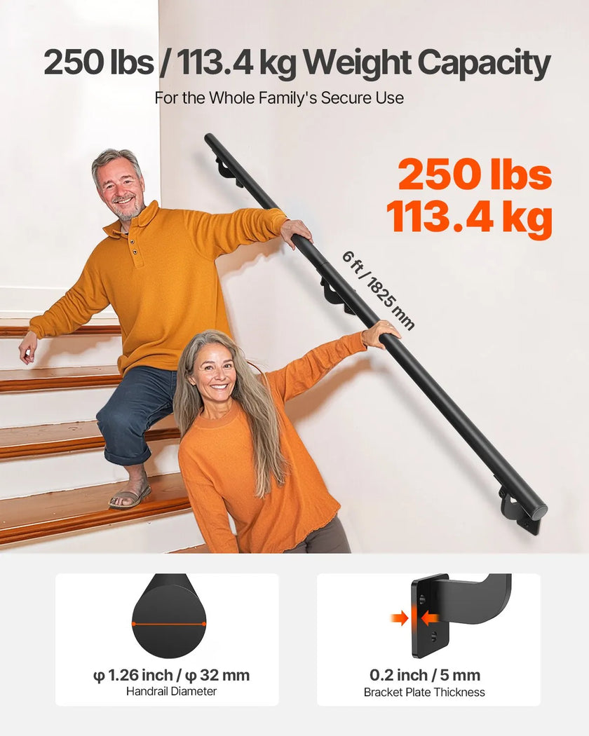 VEVOR 6ft Wall Mounted Stair Handrail Black Aluminum Indoor Outdoor Railing