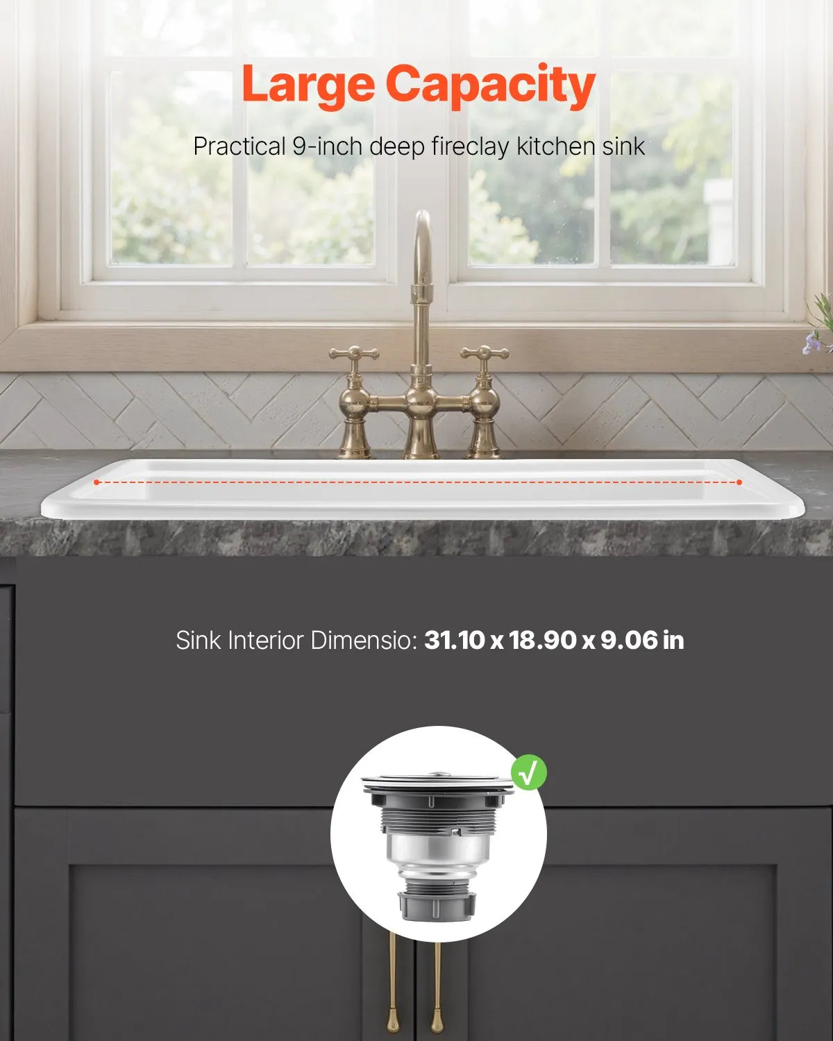 VEVOR 33in Farmhouse Sink Topmount Undermount Kitchen Single Bowl Basin Fireclay