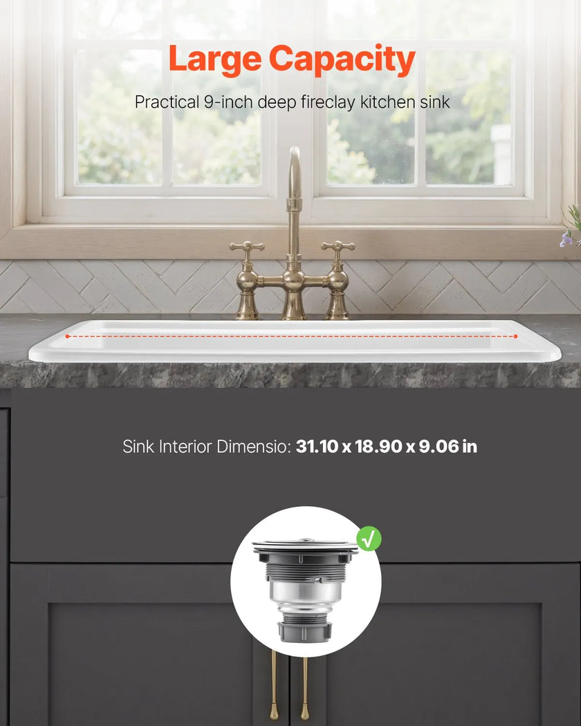 VEVOR 33in Farmhouse Sink Topmount Undermount Kitchen Single Bowl Basin Fireclay