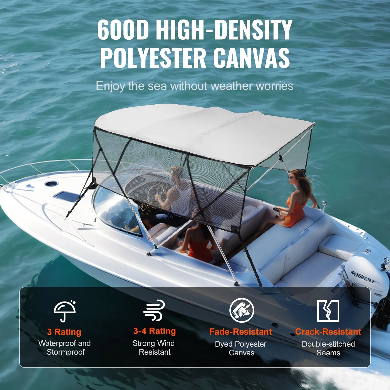 VEVOR 4 Bow Bimini Top Boat Cover, Detachable Mesh Sidewalls, 600D Polyester Canopy with 1