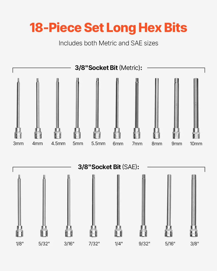 Extra Long Allen Hex Bit Socket Set 18-Piece 3/8 inch Drive S2 Alloy Steel Cr-V