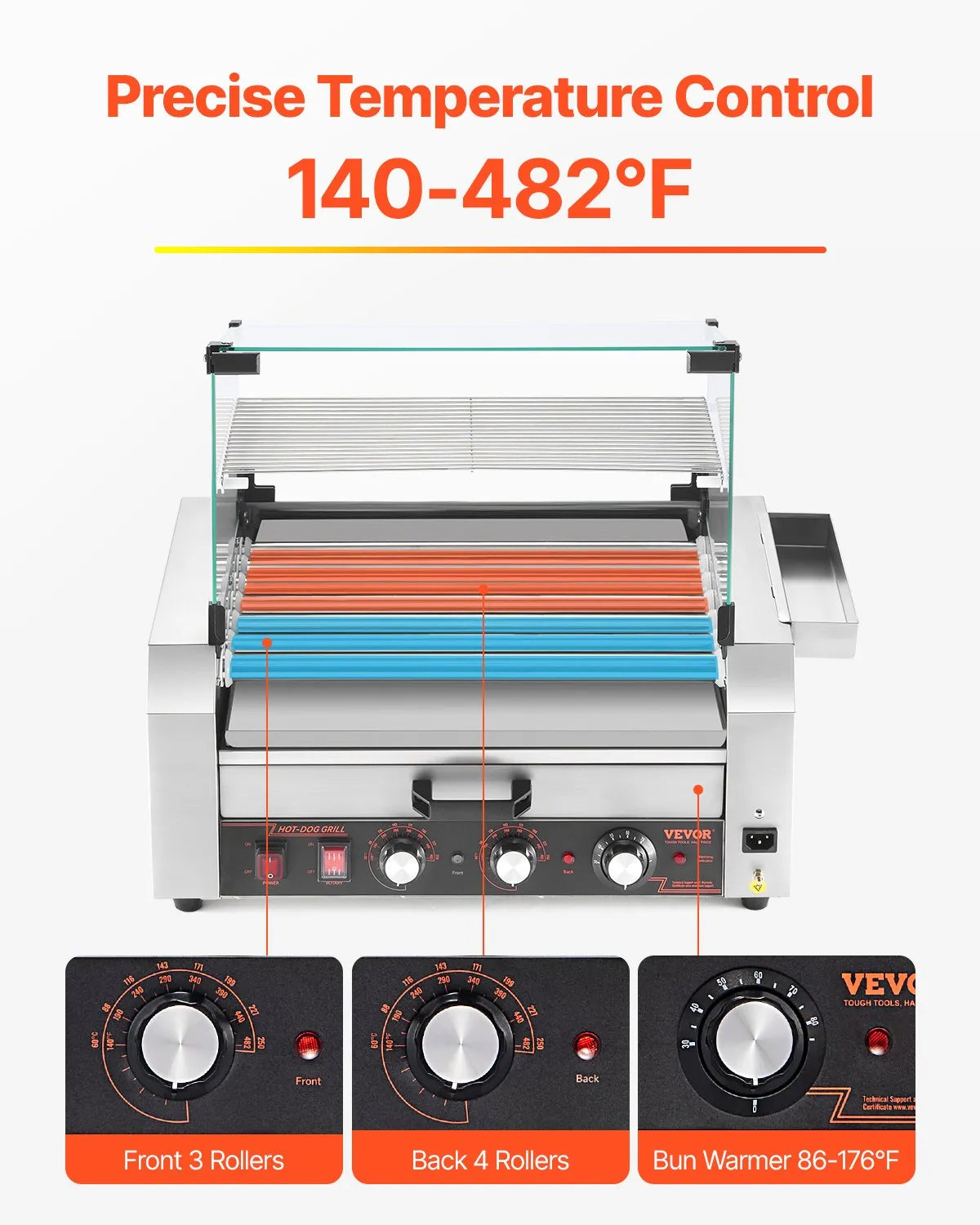 VEVOR 18 Hot Dog 7 Roller Electric Grill Cooker Machine Bun Warmer Cover 1200W