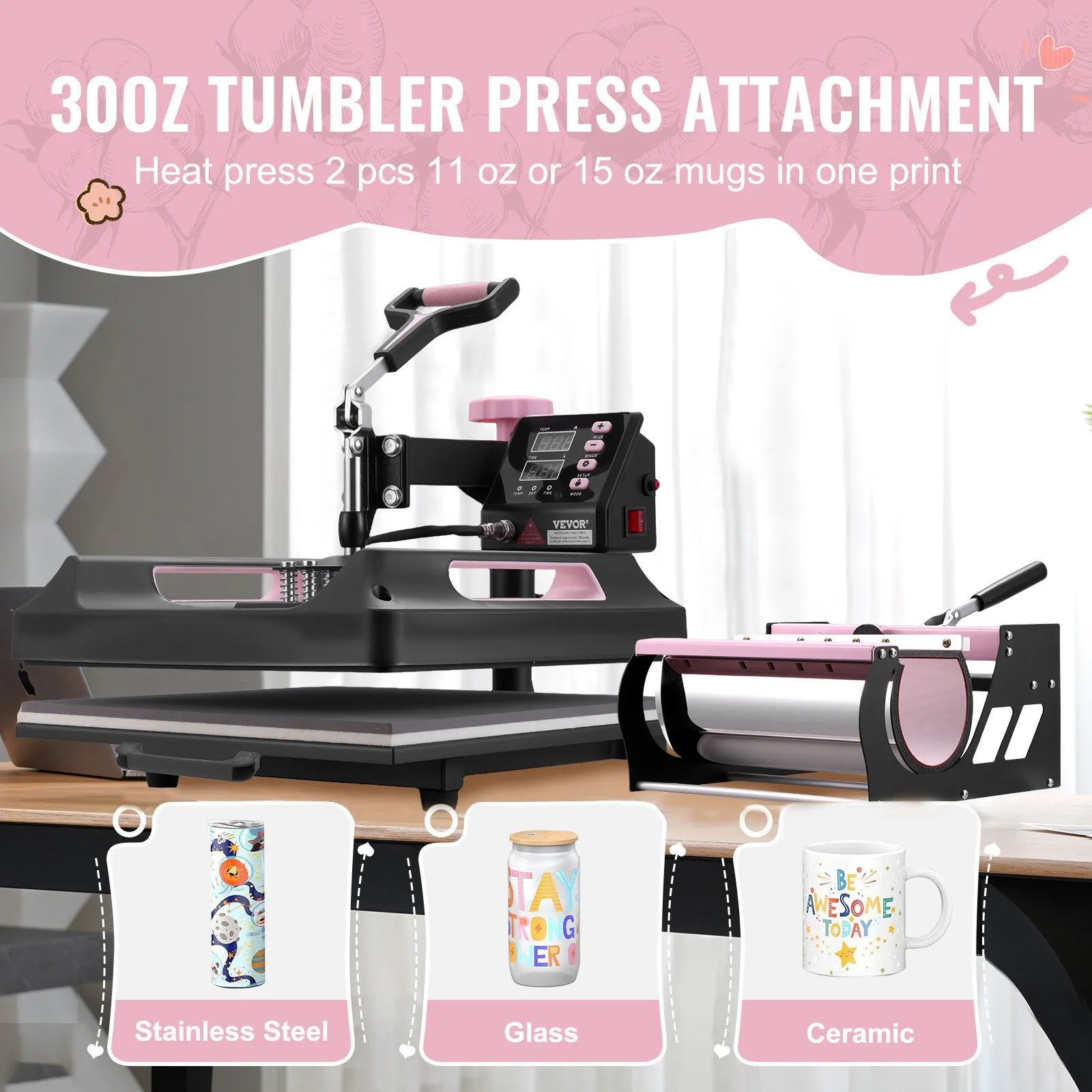 VEVOR 8 in 1 Heat Press Machine 15x15 in 30oz Tumbler Press T-Shirts Black