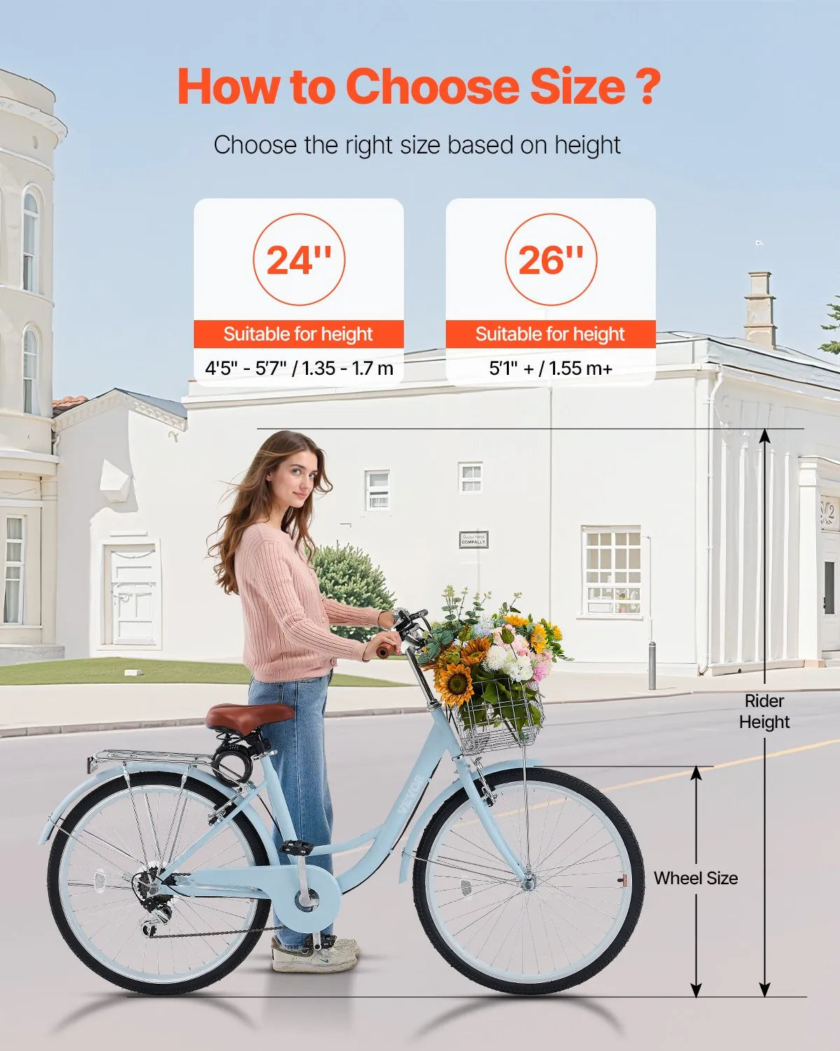 VEVOR 26-Inch Cruiser Bike 7-Speed Light Blue Beach Cruiser Bike with Basket