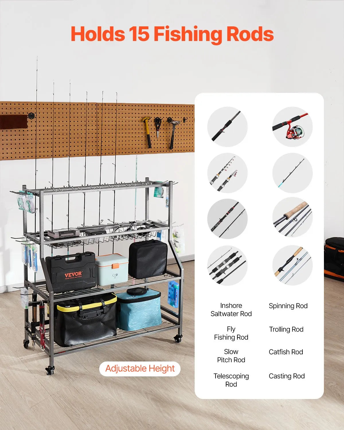 VEVOR 15 Pole Fishing Rod Holder Fishing Rack Cart Organizer for Garage Wheels