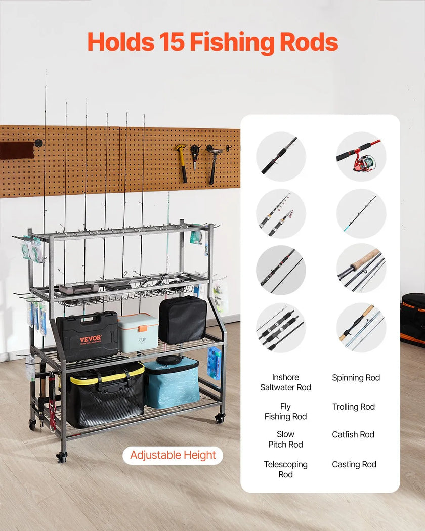 VEVOR 15 Pole Fishing Rod Holder Fishing Rack Cart Organizer for Garage Wheels
