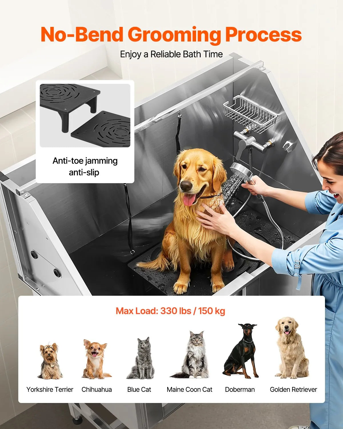 VEVOR 50 Inch Dog Grooming Bath Tub Stainless Steel w Stairs Water Filter Left