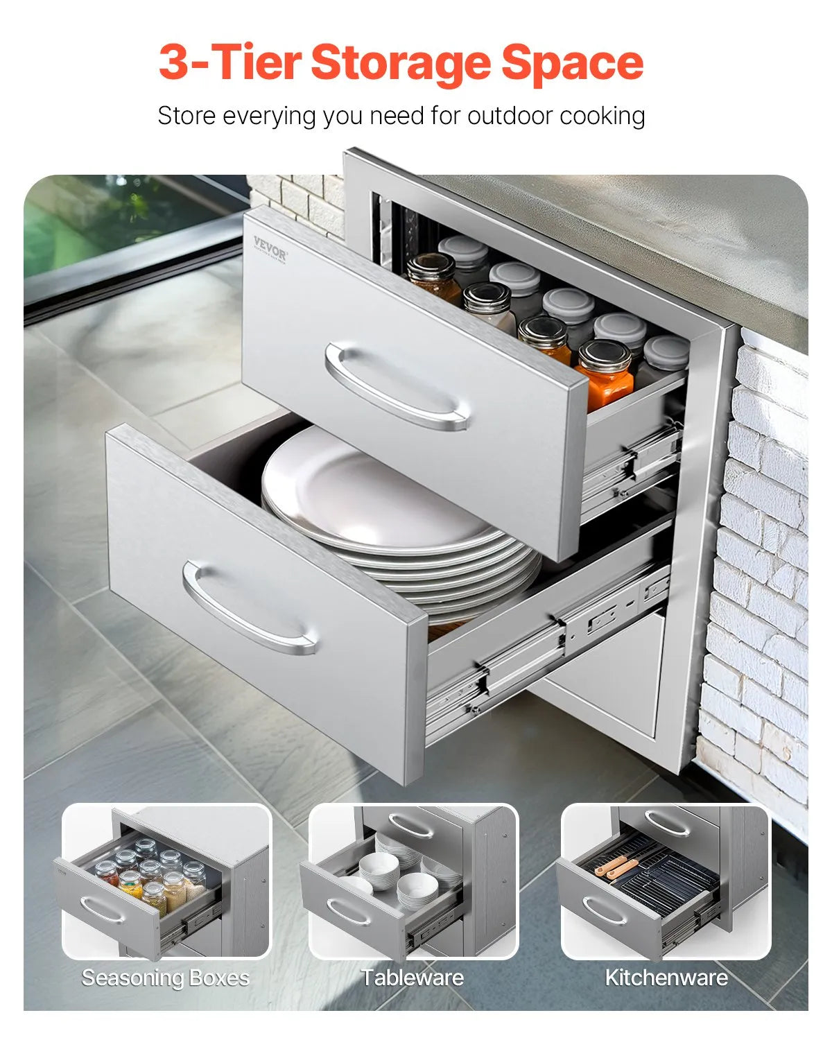 VEVOR Outdoor Kitchen Drawers Triple BBQ Access Drawers Island 18.5x22.5x22.5 in