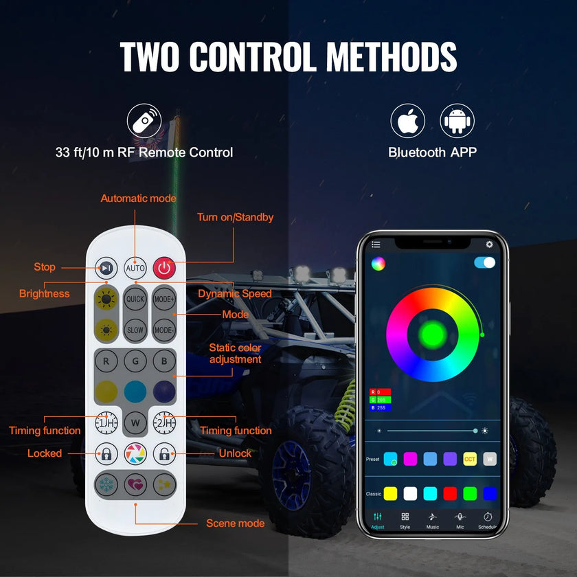 VEVOR 1 PC 5 FT Whip Light, APP & RF Remote Control Led Whip Light, Waterproof 360°Spiral RGB Chasing Lighted Whips with 2 Flags, for UTVs, ATVs, Motorcycles, RZR, Can-am, Trucks, Off-road, Go-karts