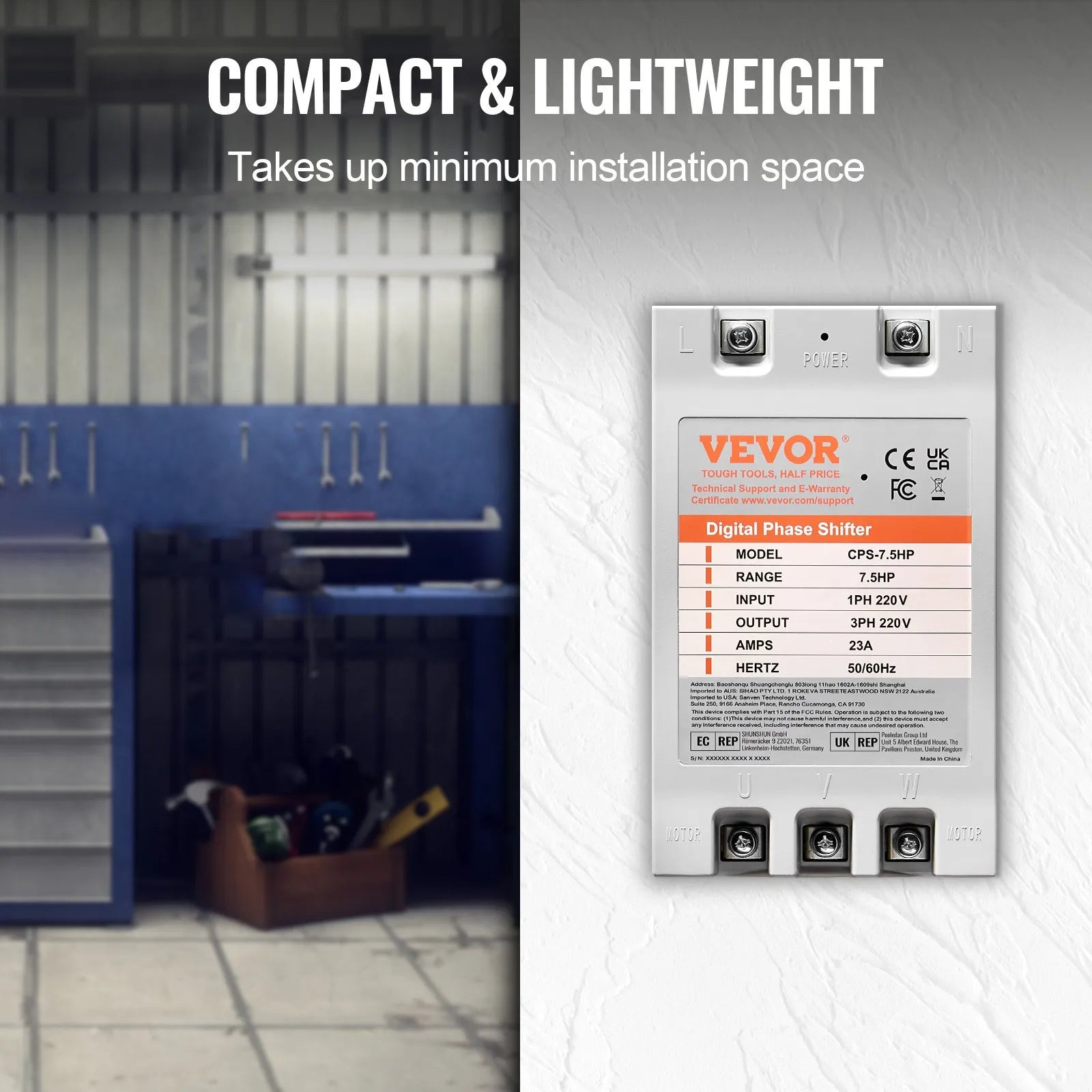 VEVOR 3 Phase Converter - 7.5HP 23A 220V Single Phase to 3 Phase Converter, Digital Phase Shifter for Residential and Light Commercial Use, 220V-240V Input/Output (One Converter for One Motor Only)