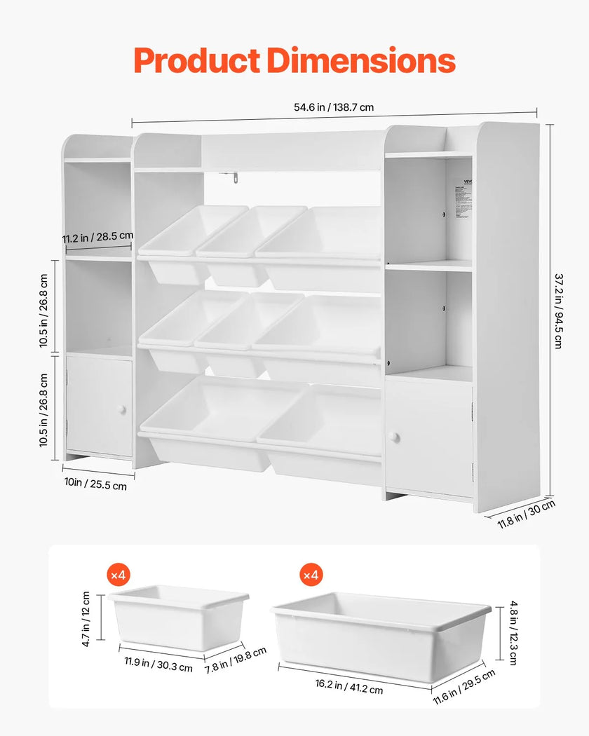 VEVOR 4-Tier Large Kids Toy Storage and Bookshelf with 8 Plastic Bins White