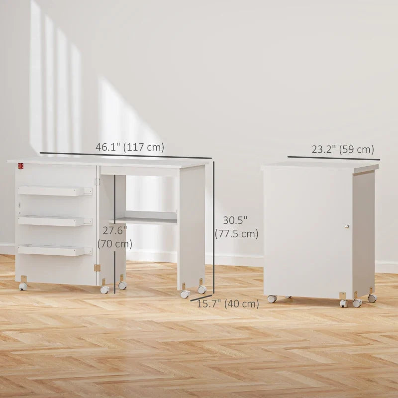 Sewing Machine Cabinet, Folding Sewing Table with Storage Shelf, Bins and Lockable Wheels for Small Space, White