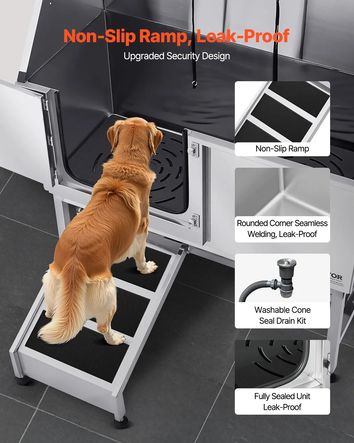 VEVOR 50 Inch Dog Grooming Bath Tub Stainless Steel w Ramp Water Filter Left