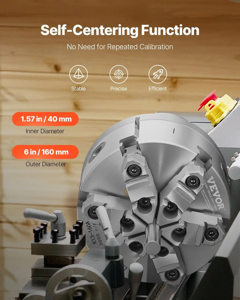 VEVOR 6 in 6-Jaw Self-Centering Lathe Chuck with D1-4 Cam Lock Backing Plate