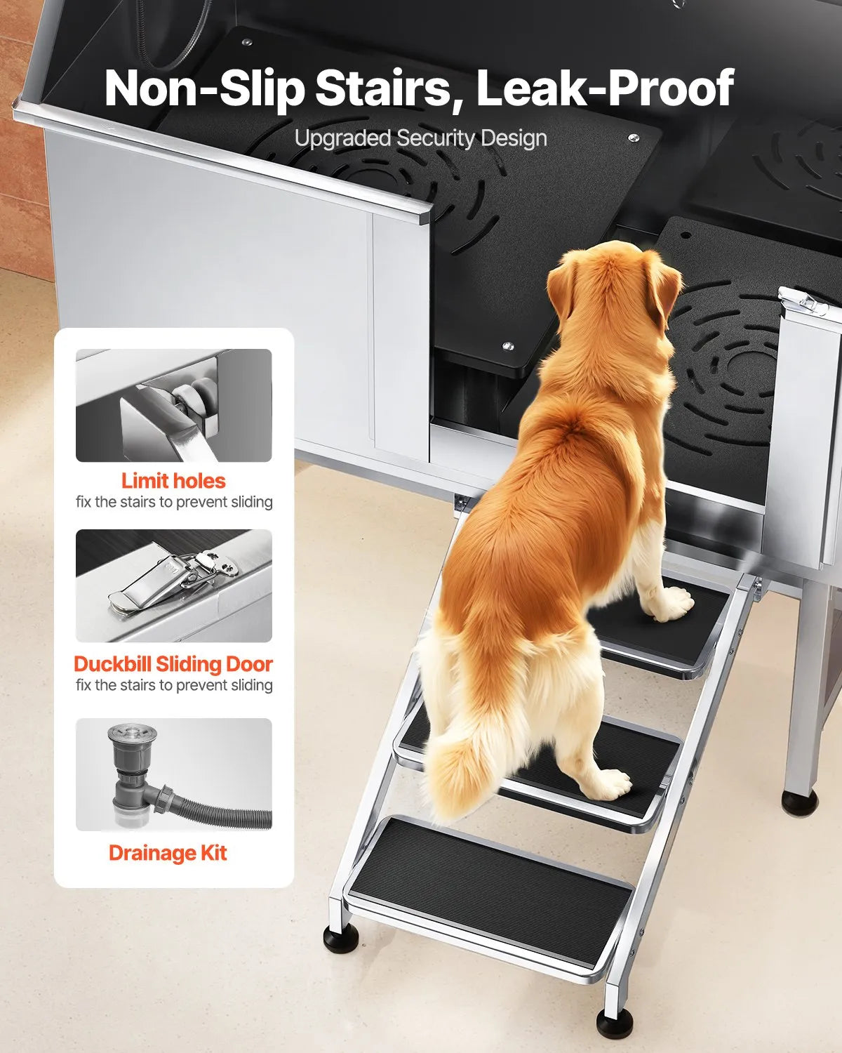 VEVOR 50 Inch Dog Grooming Bath Tub Stainless Steel w Stairs Water Filter