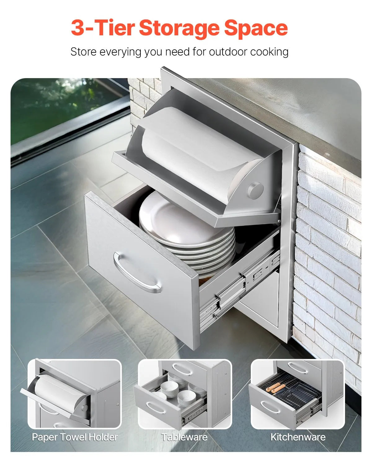 VEVOR Outdoor Kitchen Drawers Triple BBQ Access Drawers Island 16.5x29x20.5 in